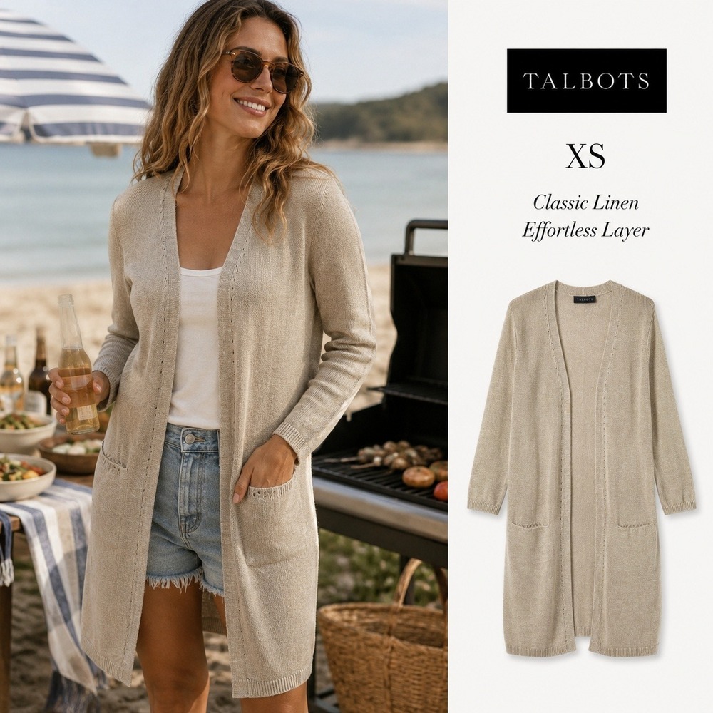 Talbots Linen Duster Cardigan Womens XS Beige Lagenlook Knit Beach Coastal Lux